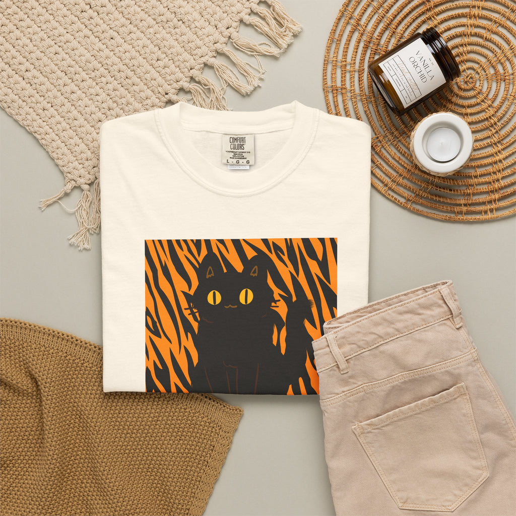 Black Cat on Orange Tiger Stripes T-Shirt