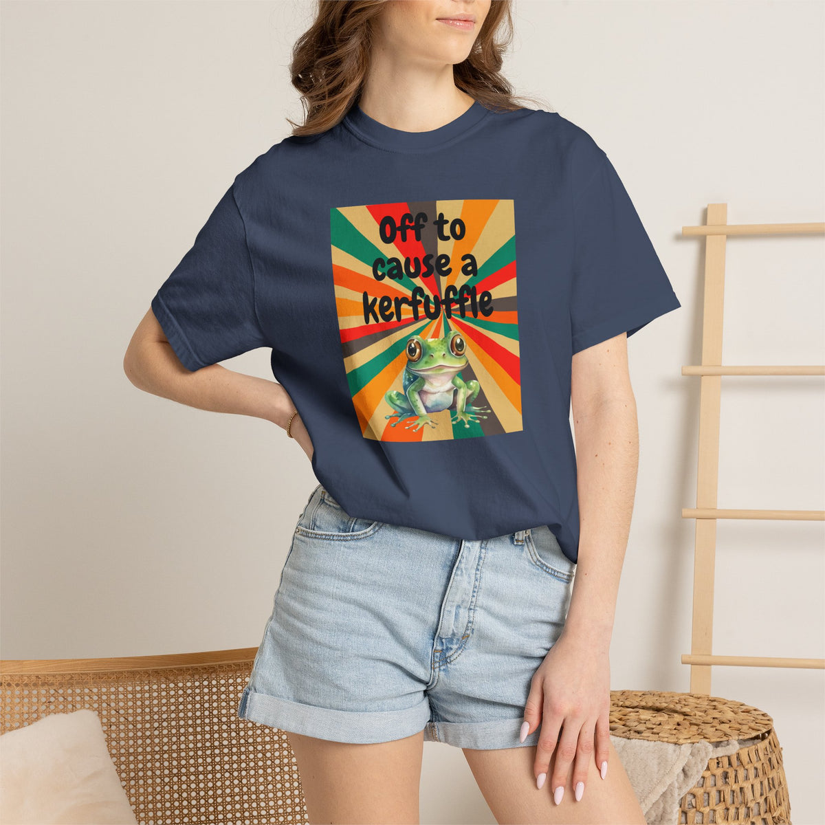 Off to Cause a Kerfuffle Frog T-Shirt | Retro Sunburst Graphic Tee