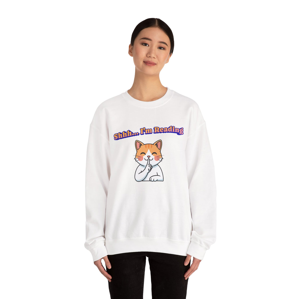 Reading Cat Crewneck Sweatshirt — "Shhh... I'm Reading" Cozy Graphic Pullover