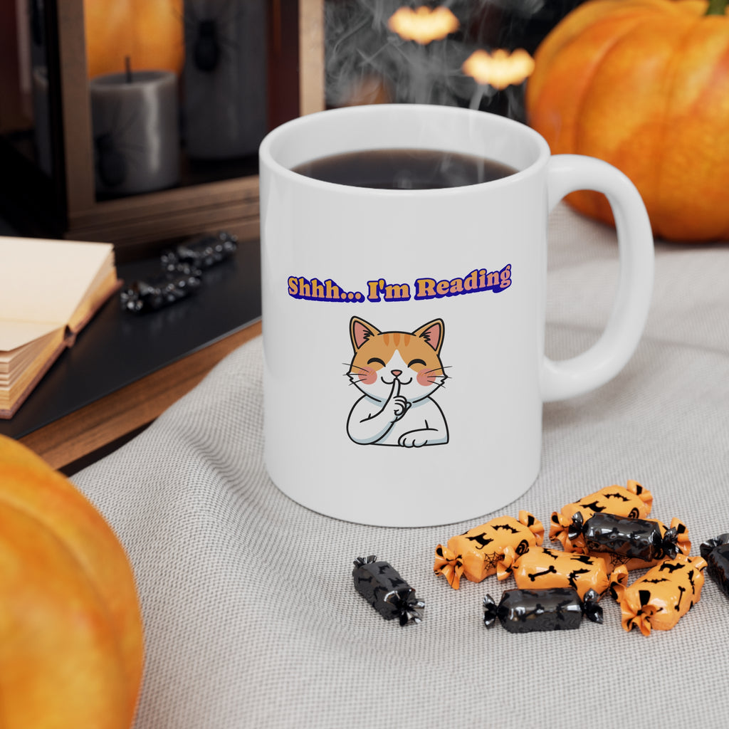 Shhh I'm Reading Cat Mug | Ceramic Coffee Cup 11oz