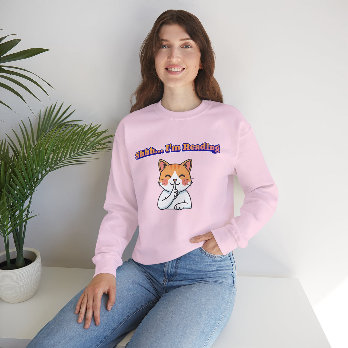 Reading Cat Crewneck Sweatshirt — "Shhh... I'm Reading" Cozy Graphic Pullover