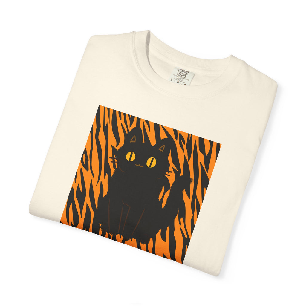 Black Cat on Orange Tiger Stripes T-Shirt