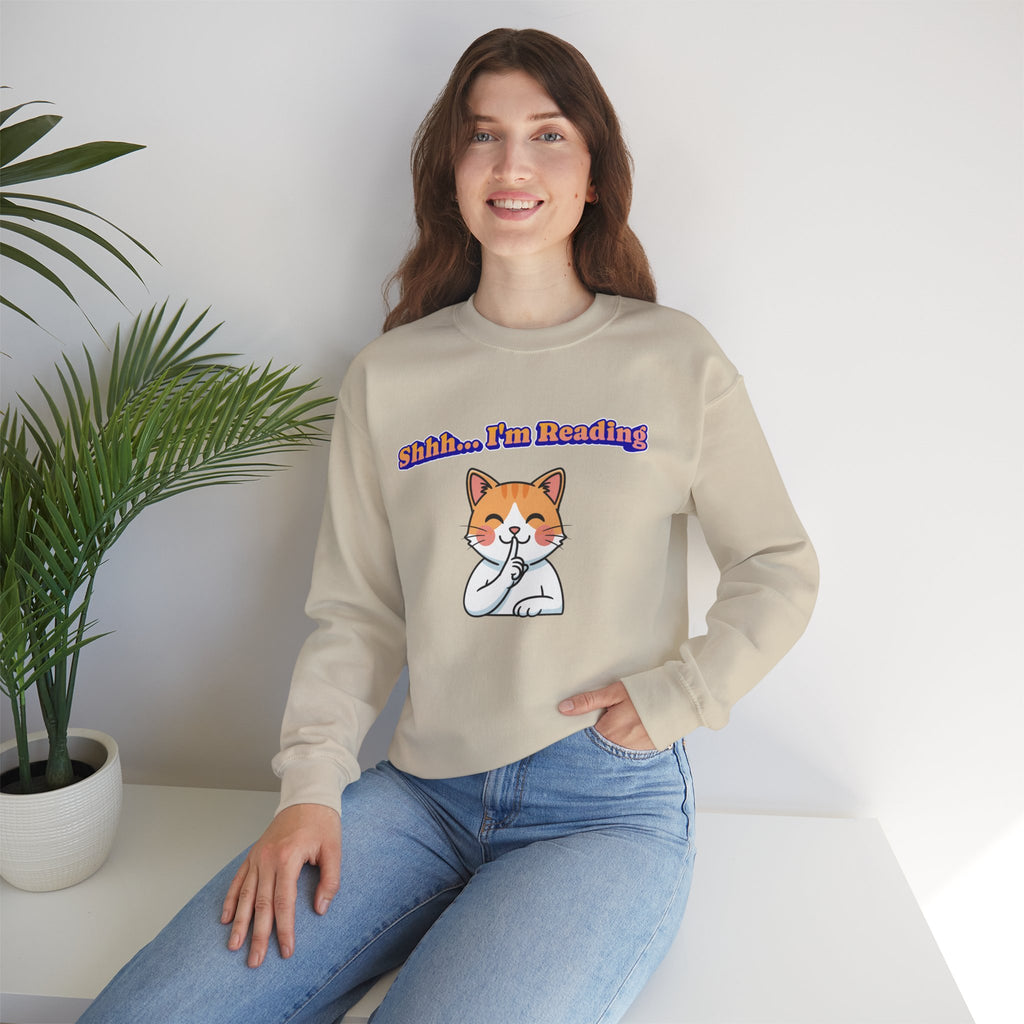 Reading Cat Crewneck Sweatshirt — "Shhh... I'm Reading" Cozy Graphic Pullover