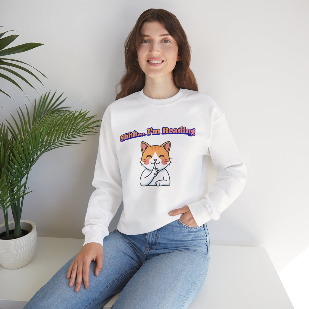 Reading Cat Crewneck Sweatshirt — "Shhh... I'm Reading" Cozy Graphic Pullover