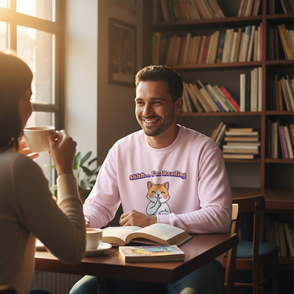 Reading Cat Crewneck Sweatshirt — "Shhh... I'm Reading" Cozy Graphic Pullover