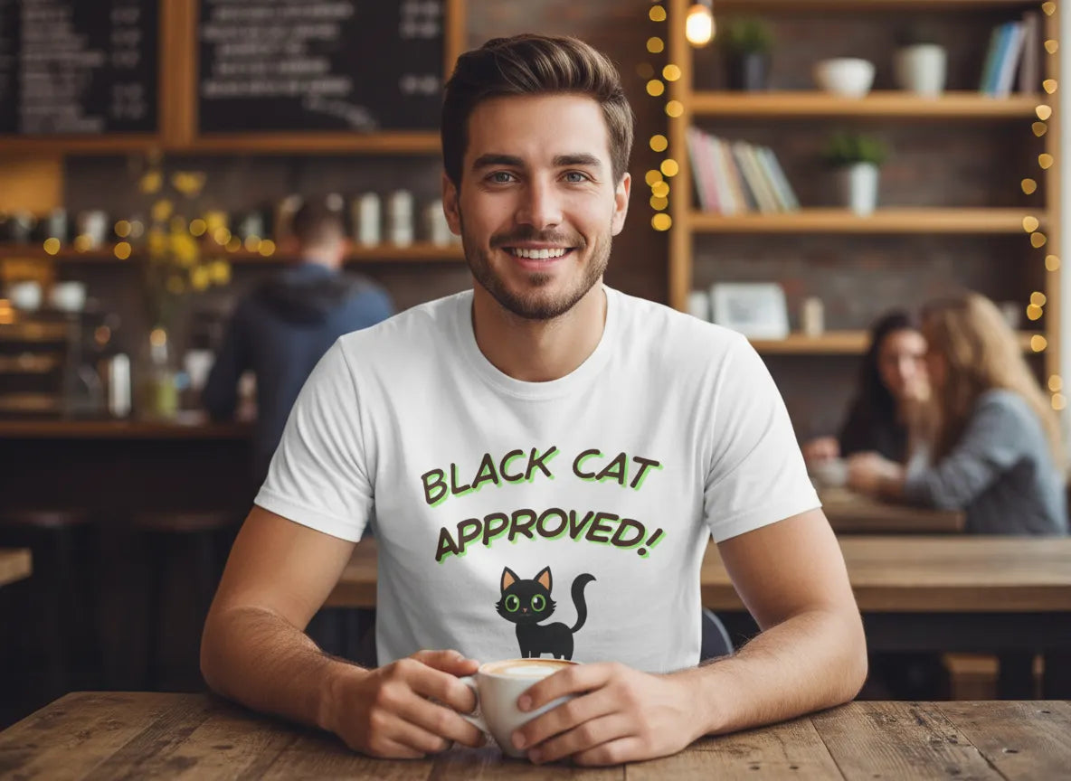 Black Cat Green Approved! T-Shirt | Cute Black Cat Graphic