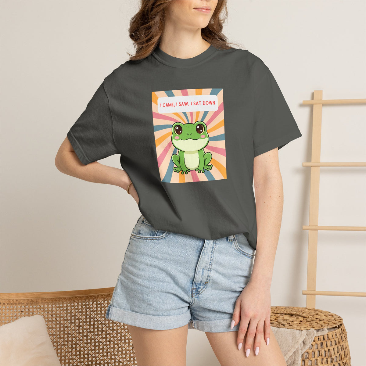 I Came, I Saw, I Sat Down Pond Frog T-Shirt | Retro Rainbow Illustration