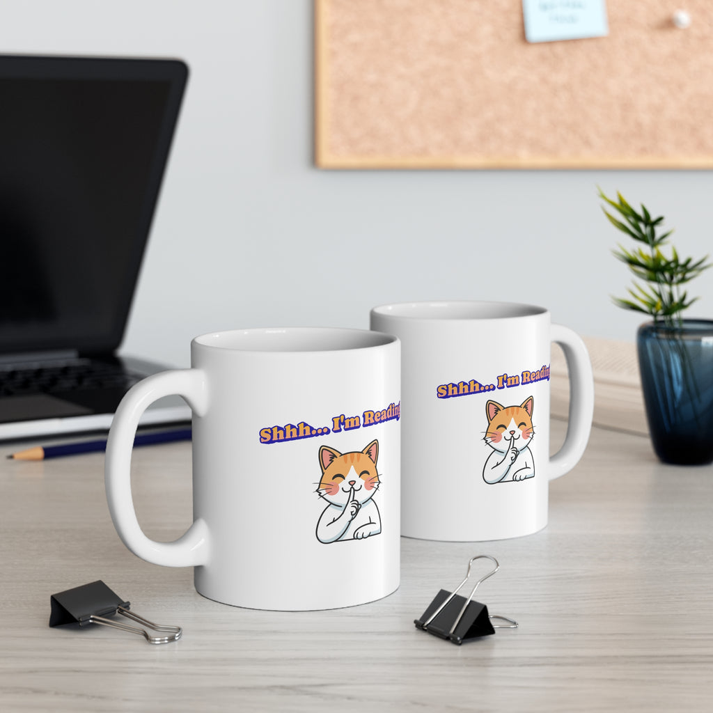 Shhh I'm Reading Cat Mug | Ceramic Coffee Cup 11oz