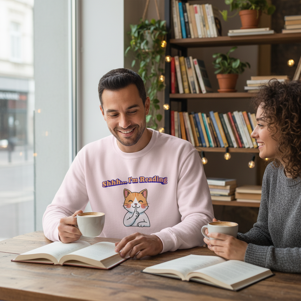 Reading Cat Crewneck Sweatshirt — "Shhh... I'm Reading" Cozy Graphic Pullover