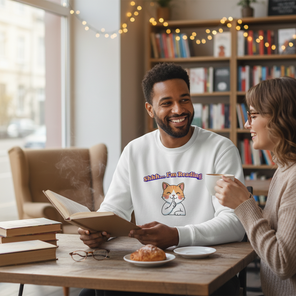 Reading Cat Crewneck Sweatshirt — "Shhh... I'm Reading" Cozy Graphic Pullover