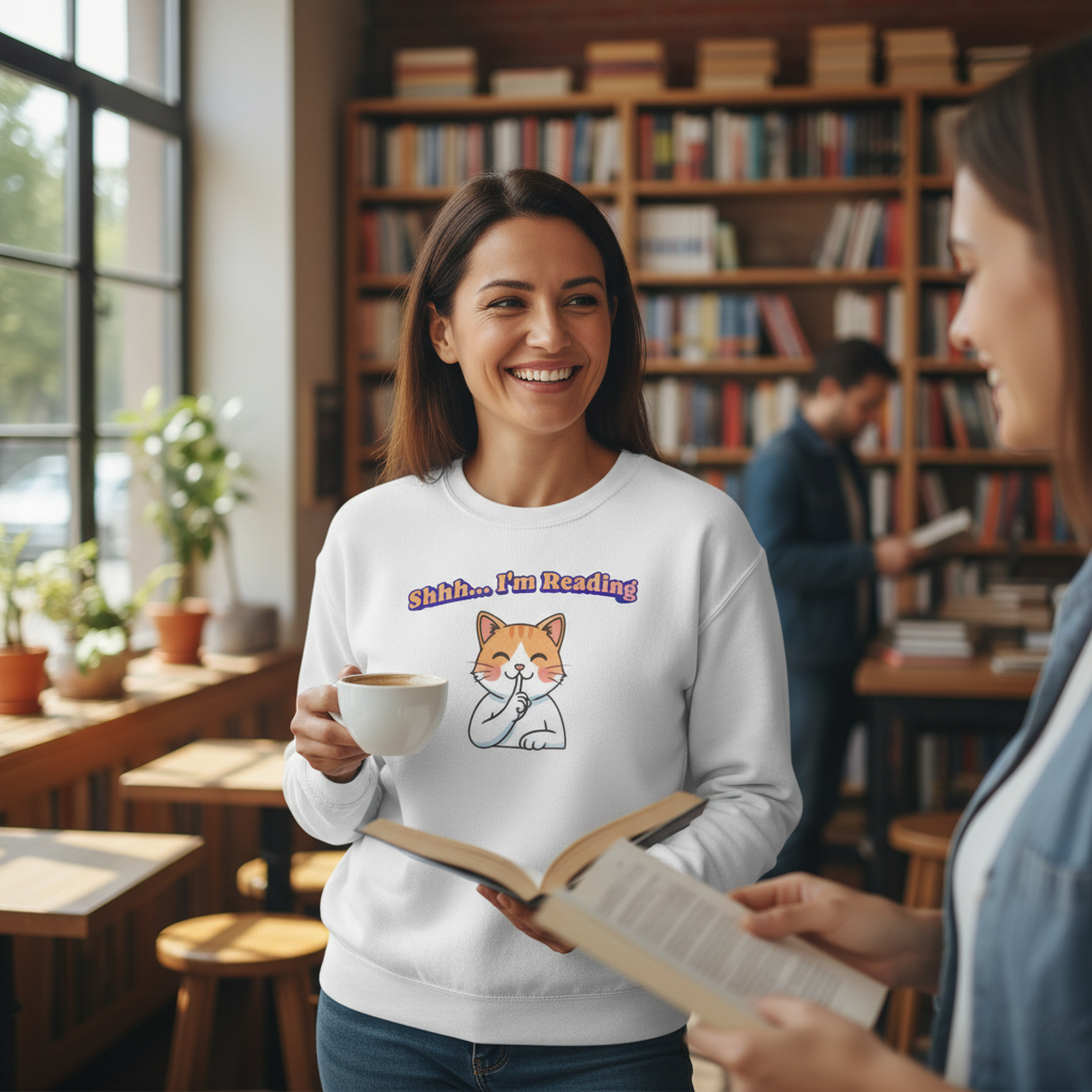 Reading Cat Crewneck Sweatshirt — "Shhh... I'm Reading" Cozy Graphic Pullover