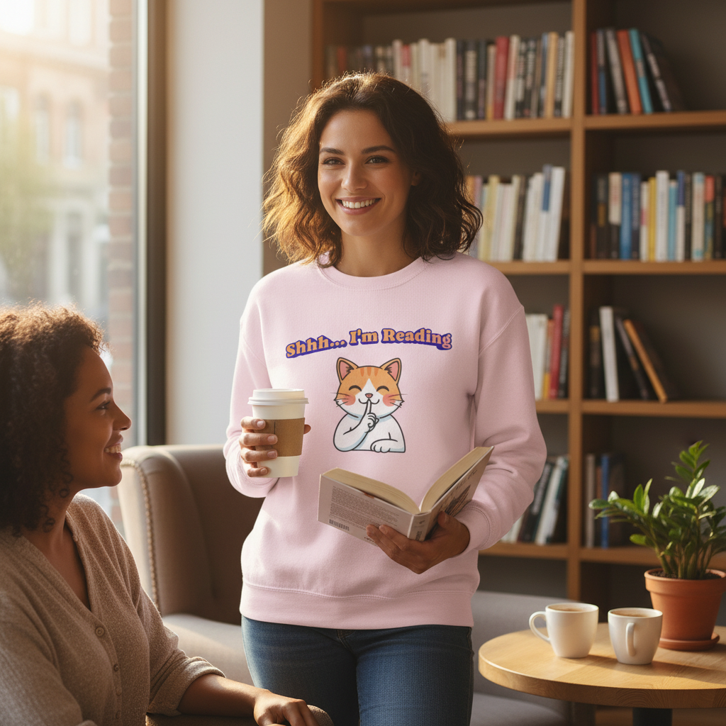 Reading Cat Crewneck Sweatshirt — "Shhh... I'm Reading" Cozy Graphic Pullover