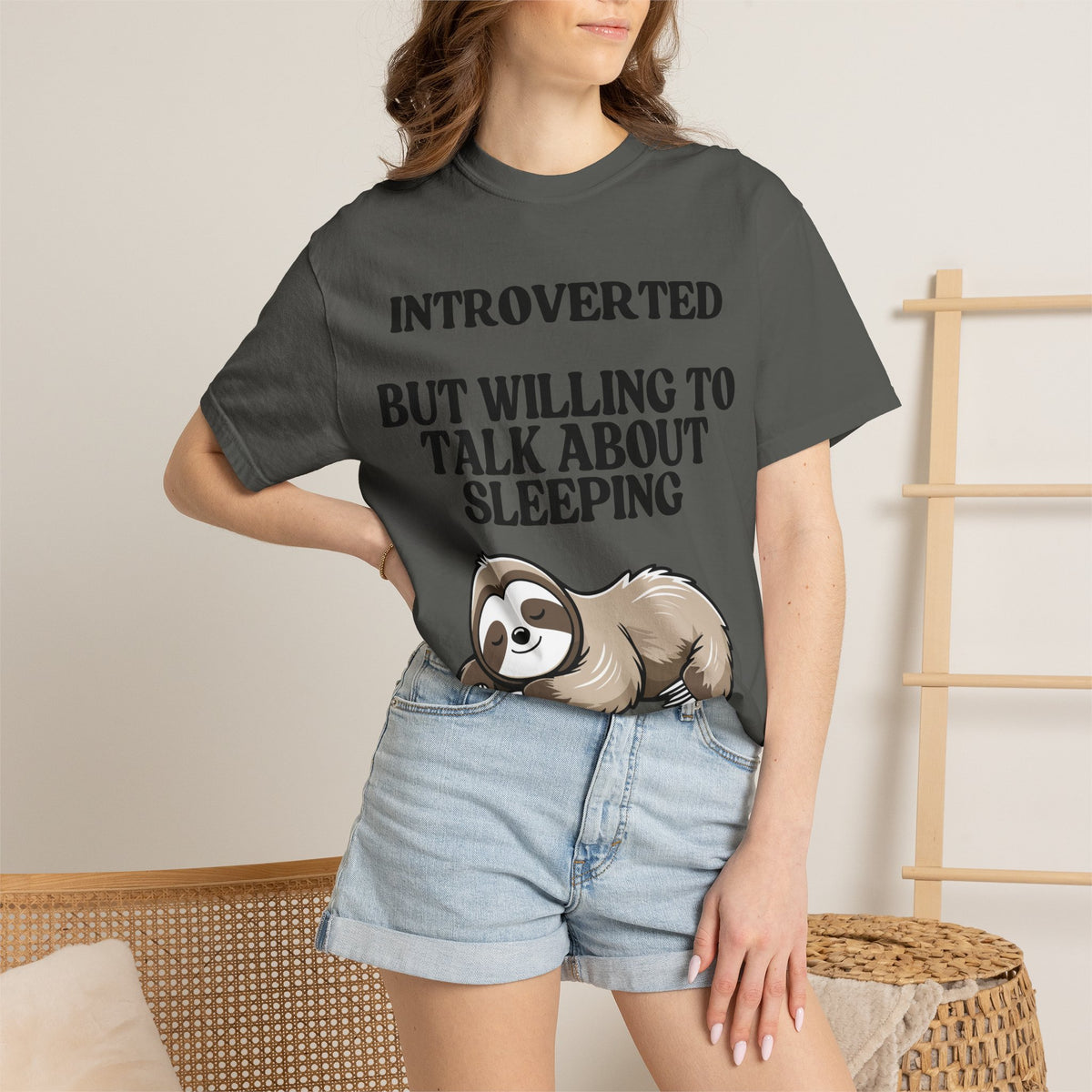 Introverted But Willing to Talk About Sleeping T-Shirt | Funny Sloth Gift Tee for Introverts