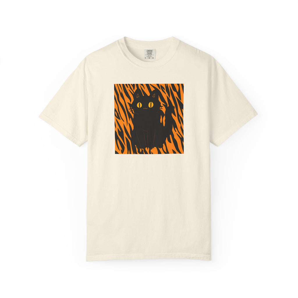 Black Cat on Orange Tiger Stripes T-Shirt