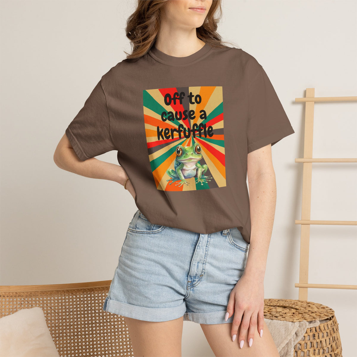 Off to Cause a Kerfuffle Frog T-Shirt | Retro Sunburst Graphic Tee