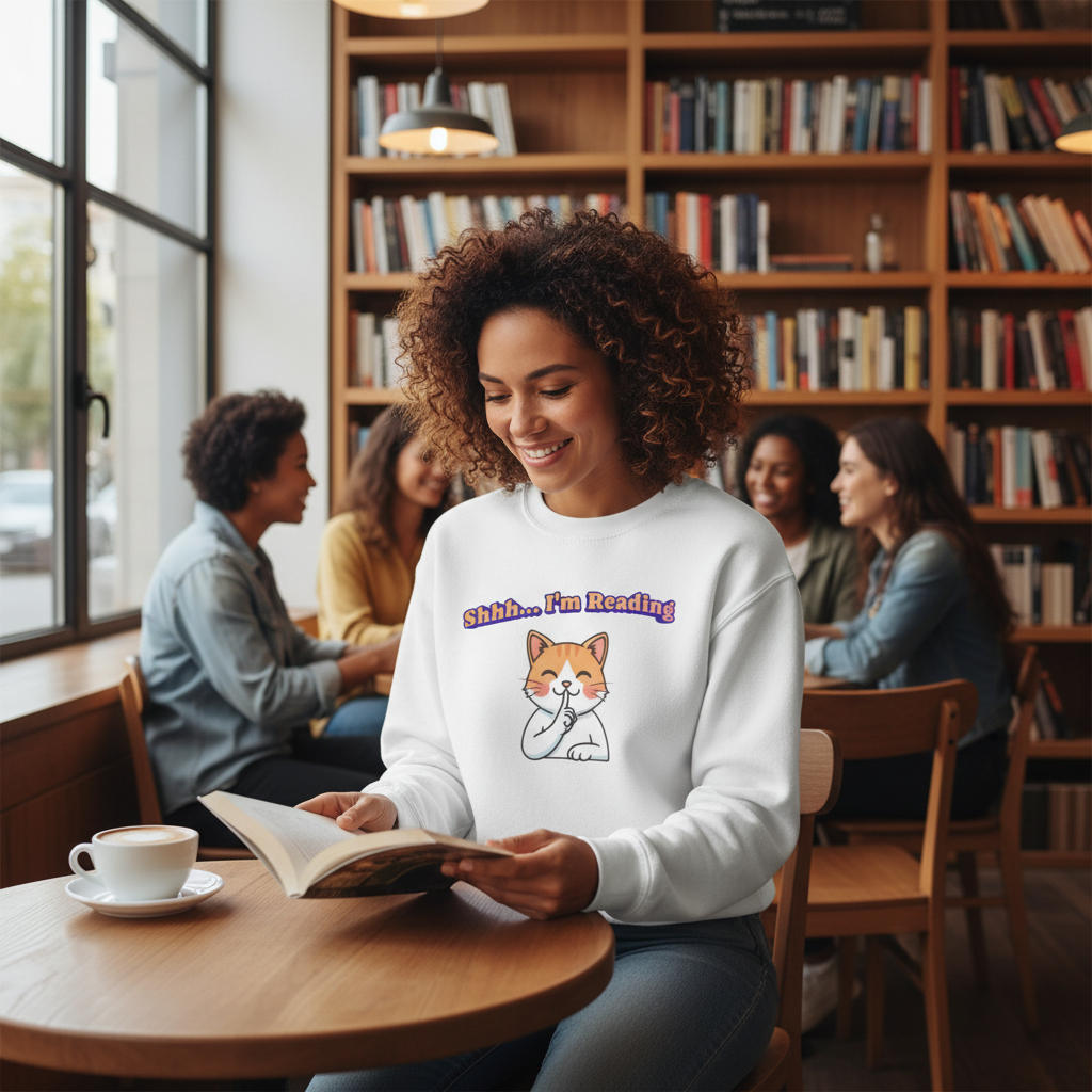 Reading Cat Crewneck Sweatshirt — "Shhh... I'm Reading" Cozy Graphic Pullover
