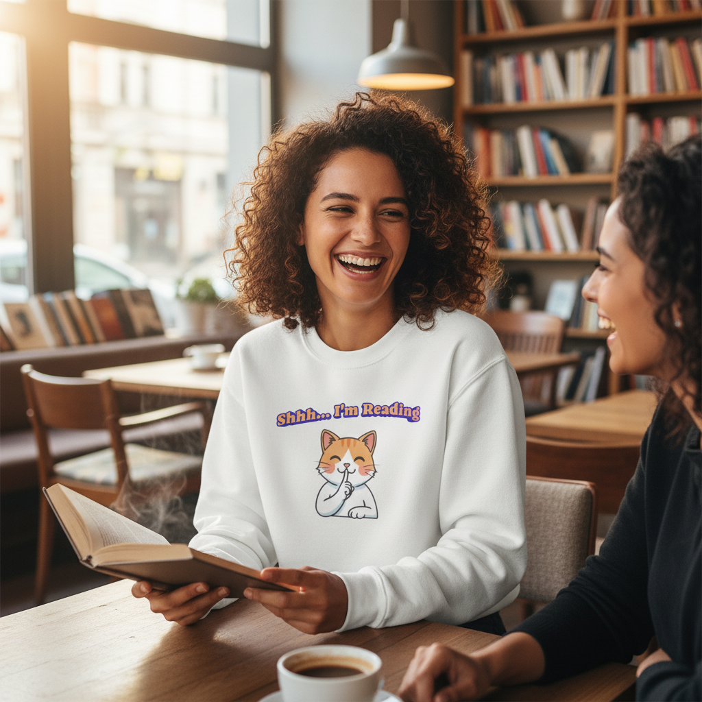 Reading Cat Crewneck Sweatshirt — "Shhh... I'm Reading" Cozy Graphic Pullover