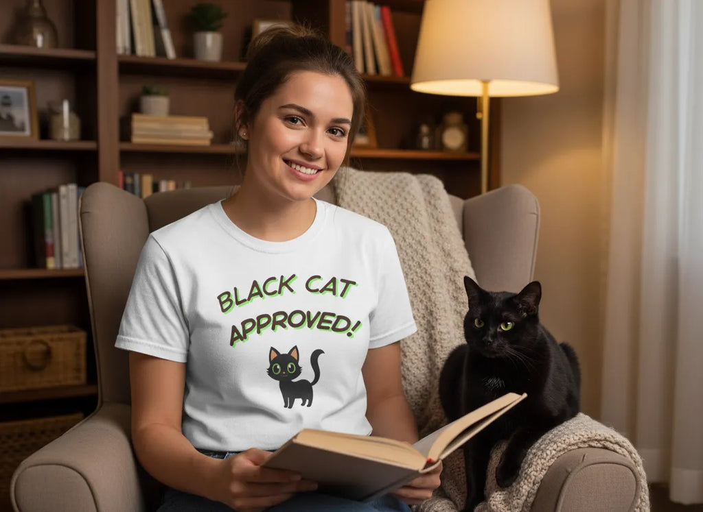 Black Cat Green Approved! T-Shirt | Cute Black Cat Graphic