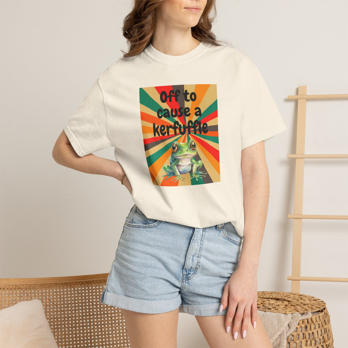 Off to Cause a Kerfuffle Frog T-Shirt | Retro Sunburst Graphic Tee