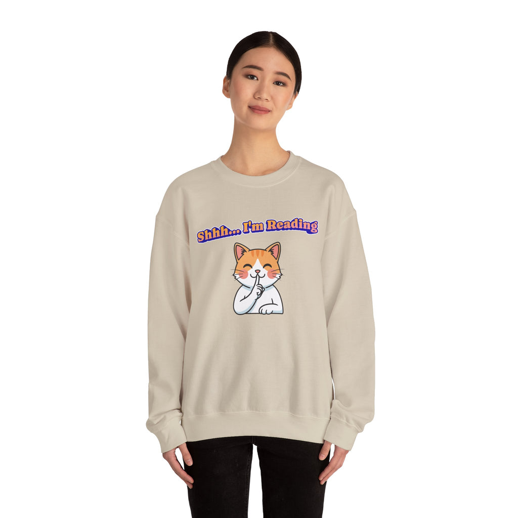 Reading Cat Crewneck Sweatshirt — "Shhh... I'm Reading" Cozy Graphic Pullover