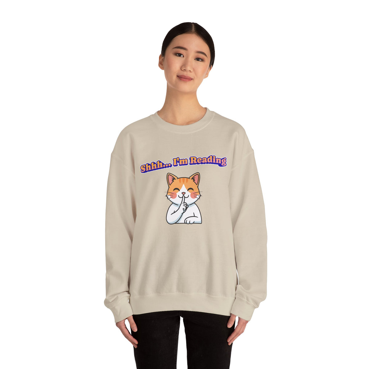 Reading Cat Crewneck Sweatshirt — "Shhh... I'm Reading" Cozy Graphic Pullover