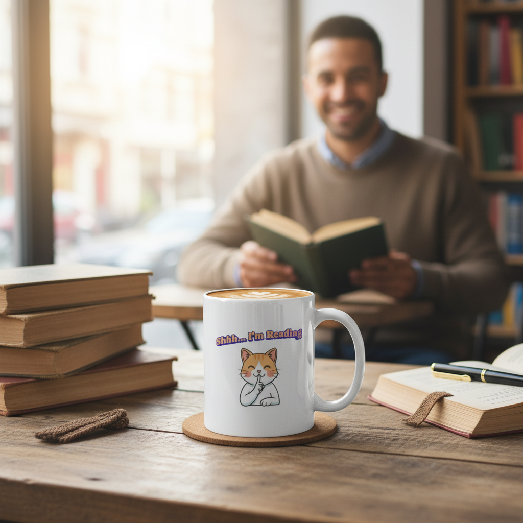 Shhh I'm Reading Cat Mug | Ceramic Coffee Cup 11oz