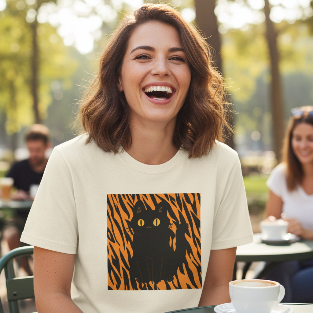 Black Cat on Orange Tiger Stripes T-Shirt