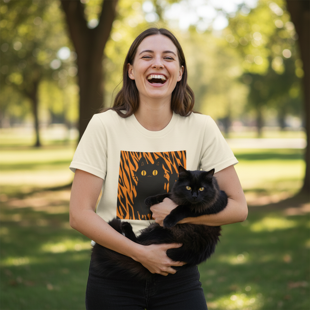 Black Cat on Orange Tiger Stripes T-Shirt