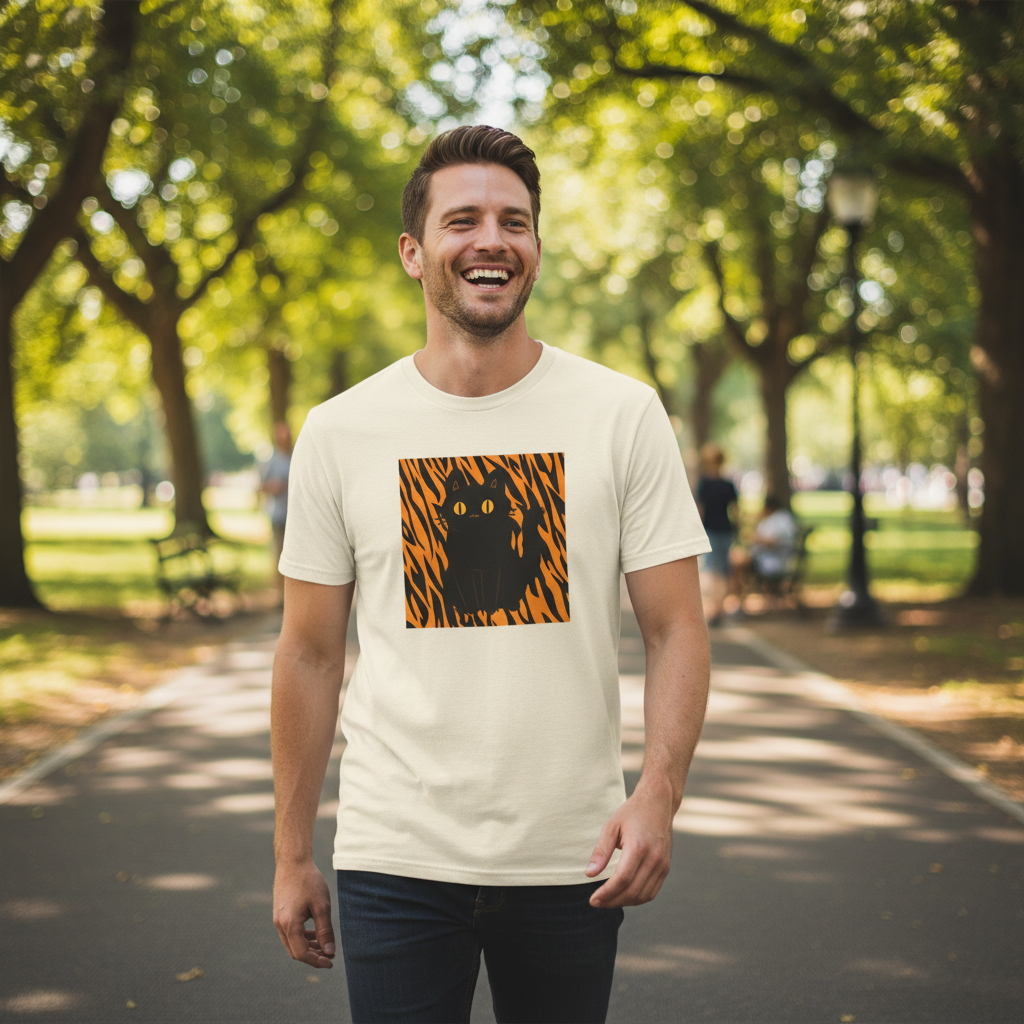 Black Cat on Orange Tiger Stripes T-Shirt