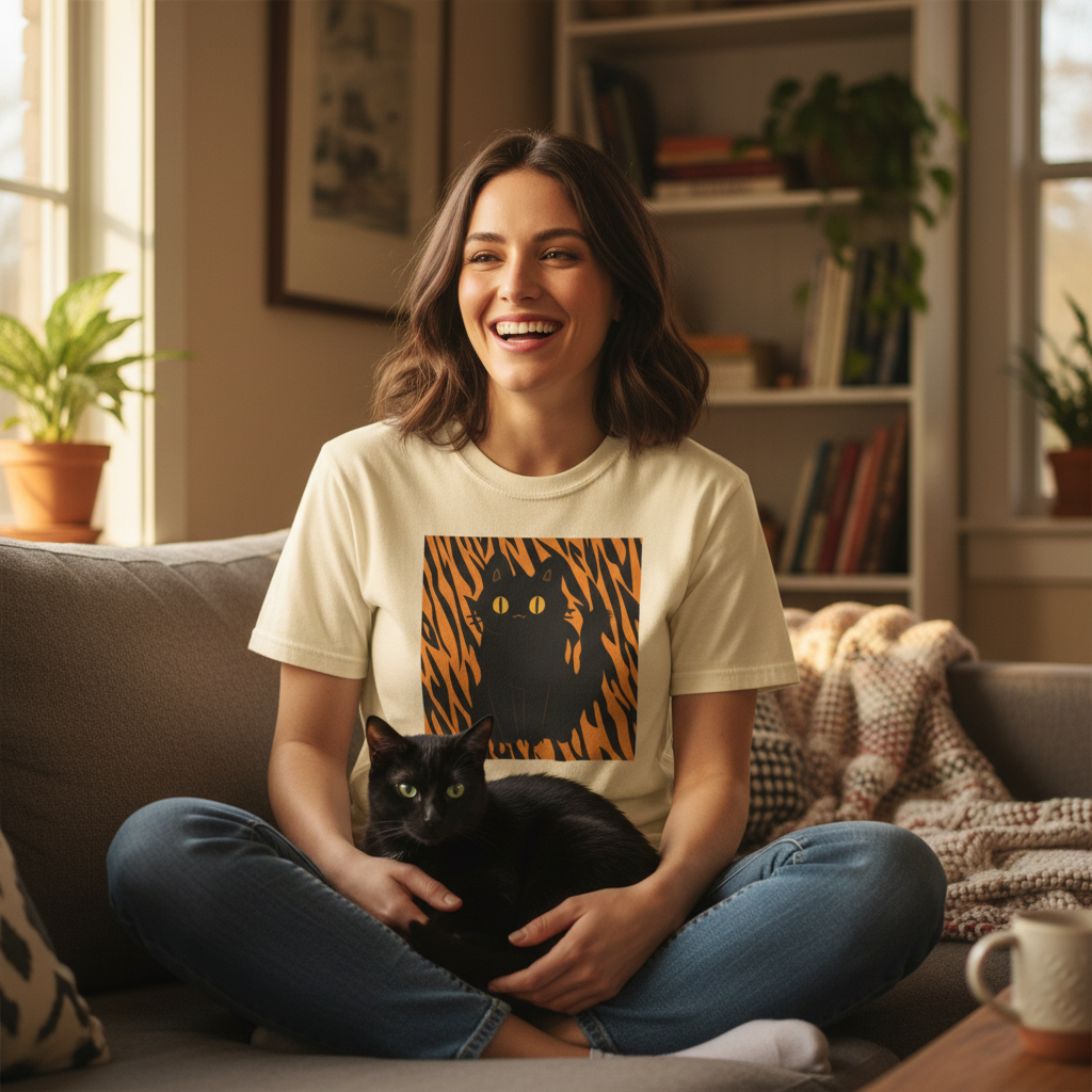 Black Cat on Orange Tiger Stripes T-Shirt