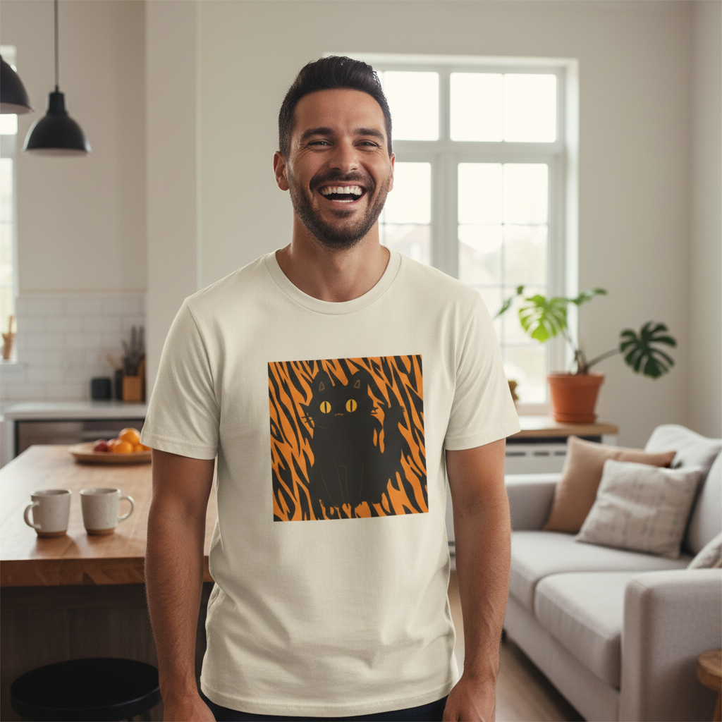 Black Cat on Orange Tiger Stripes T-Shirt