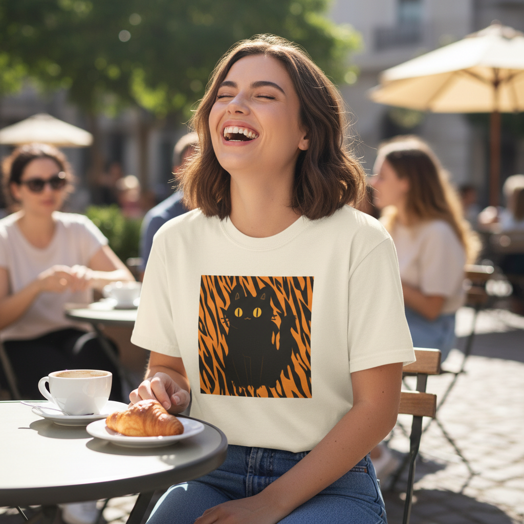 Black Cat on Orange Tiger Stripes T-Shirt
