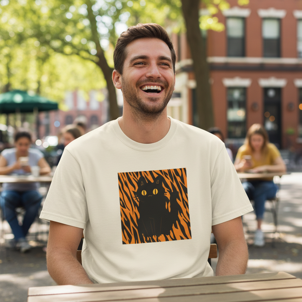Black Cat on Orange Tiger Stripes T-Shirt