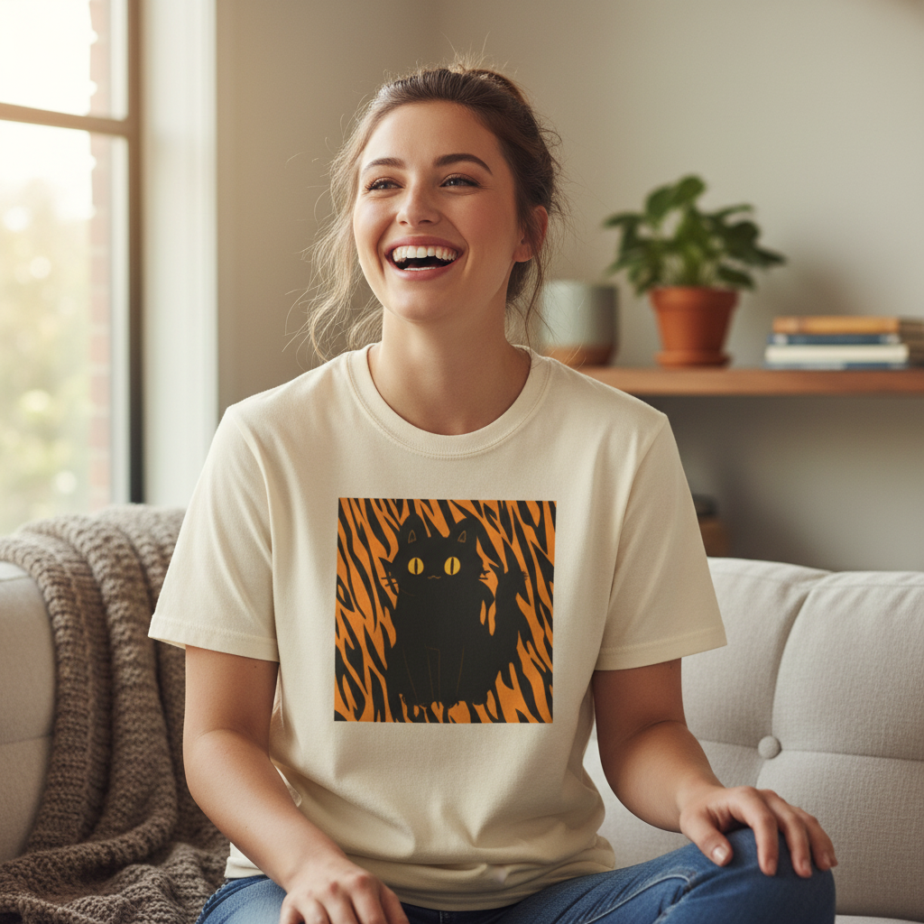Black Cat on Orange Tiger Stripes T-Shirt