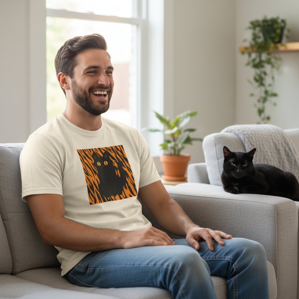 Black Cat on Orange Tiger Stripes T-Shirt