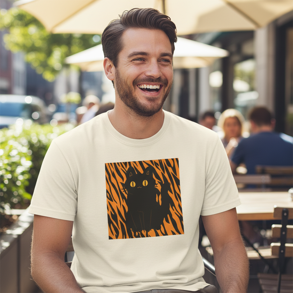 Black Cat on Orange Tiger Stripes T-Shirt