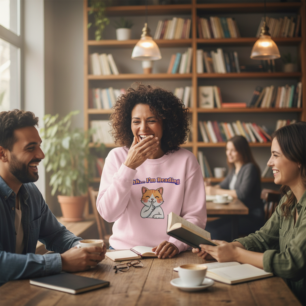 Reading Cat Crewneck Sweatshirt — "Shhh... I'm Reading" Cozy Graphic Pullover