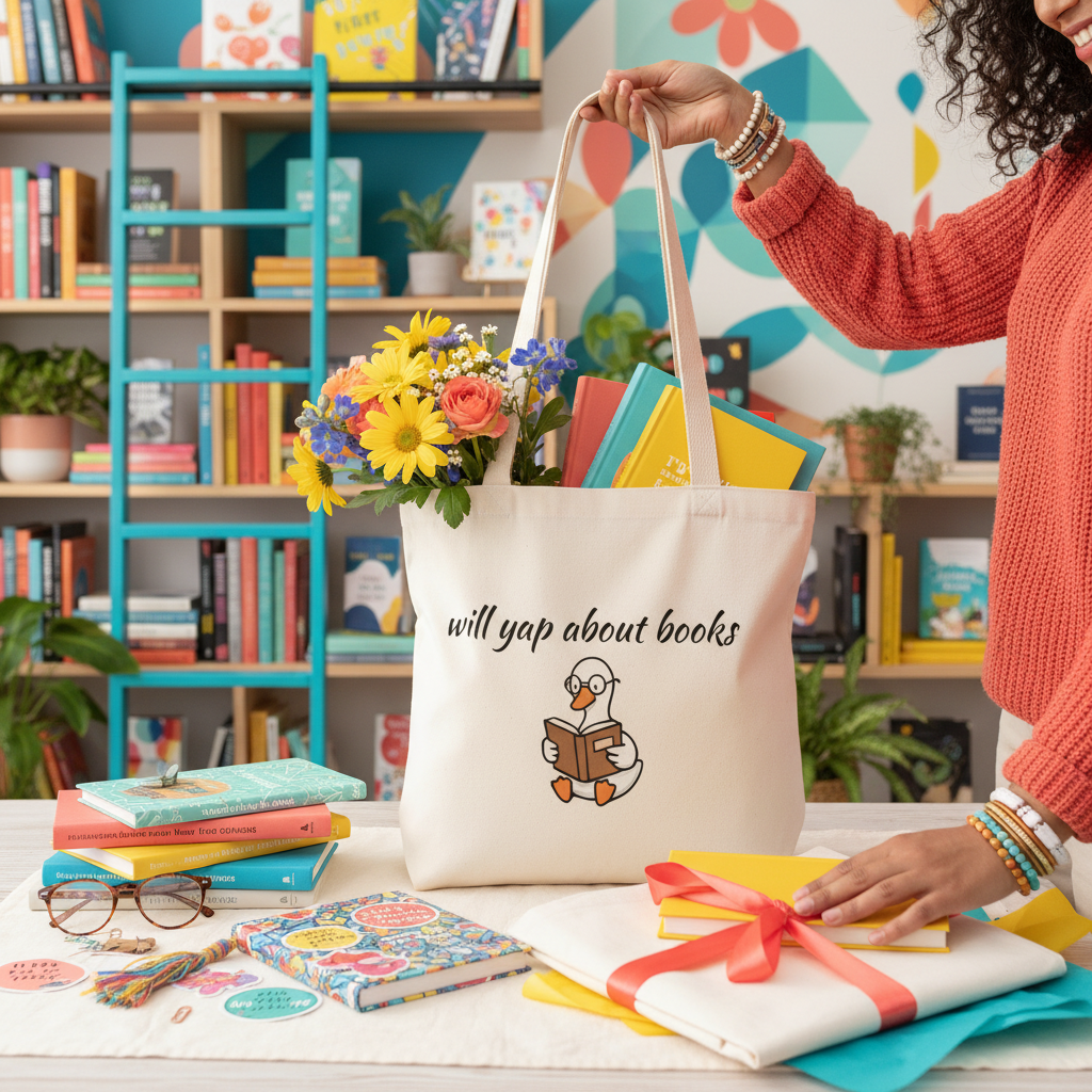 Will Yap About Books Duck Canvas Tote Bag | Cute Book Lover Gift Bag for Readers
