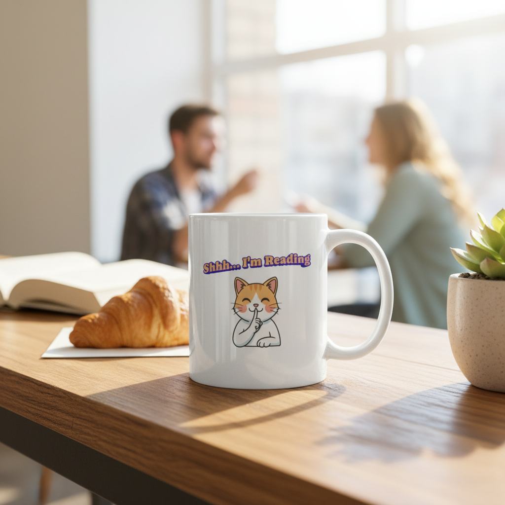 Shhh I'm Reading Cat Mug | Ceramic Coffee Cup 11oz