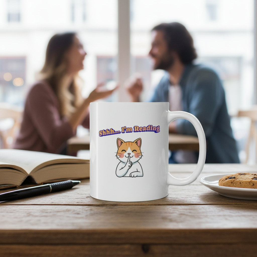 Shhh I'm Reading Cat Mug | Ceramic Coffee Cup 11oz