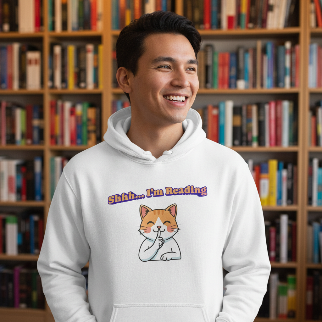 Reading Cat Hoodie — "Shhh... I'm Reading" Cute Cat Graphic Pullover