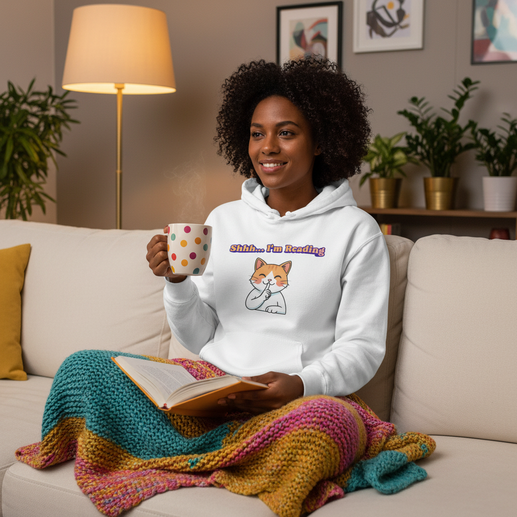 Reading Cat Hoodie — "Shhh... I'm Reading" Cute Cat Graphic Pullover