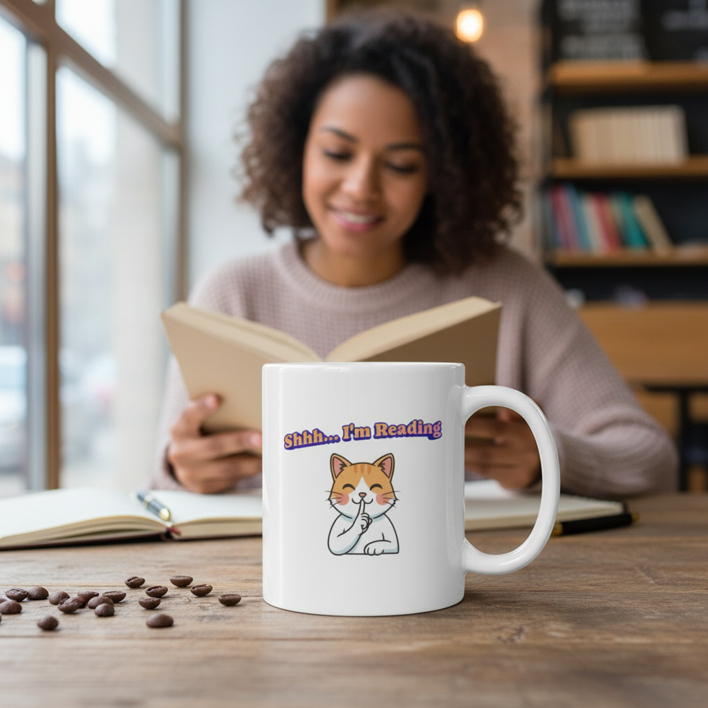 Shhh I'm Reading Cat Mug | Ceramic Coffee Cup 11oz