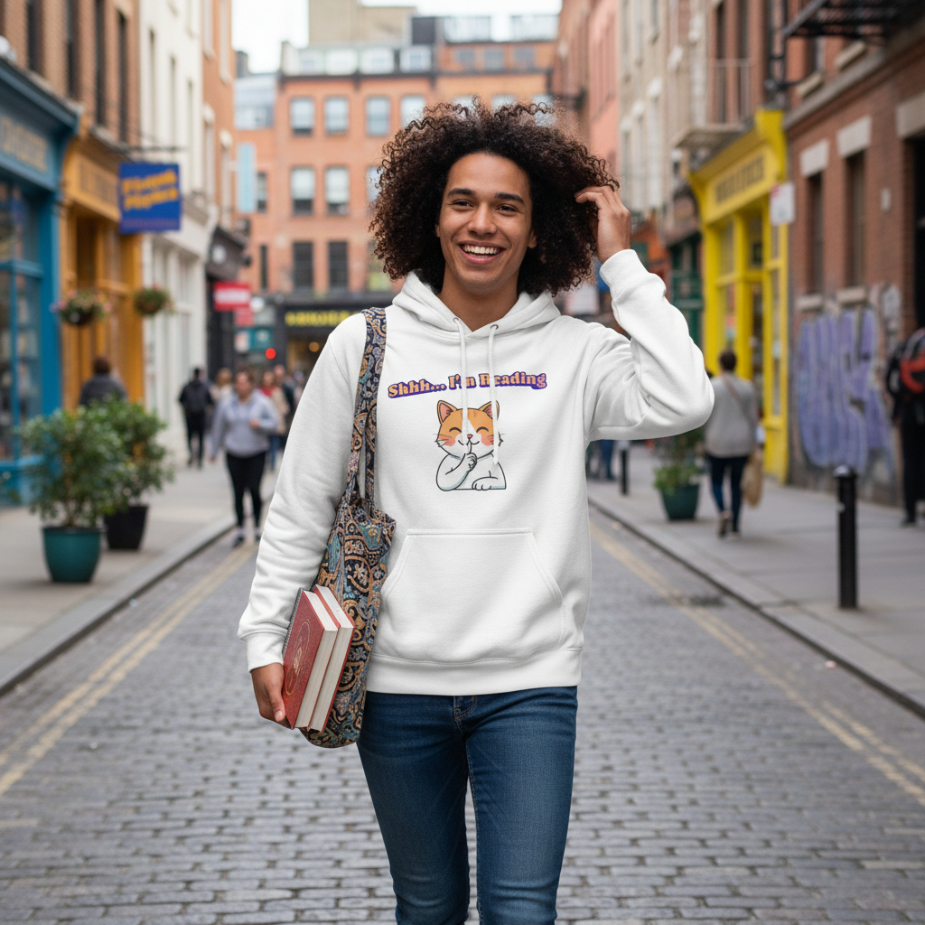 Reading Cat Hoodie — "Shhh... I'm Reading" Cute Cat Graphic Pullover