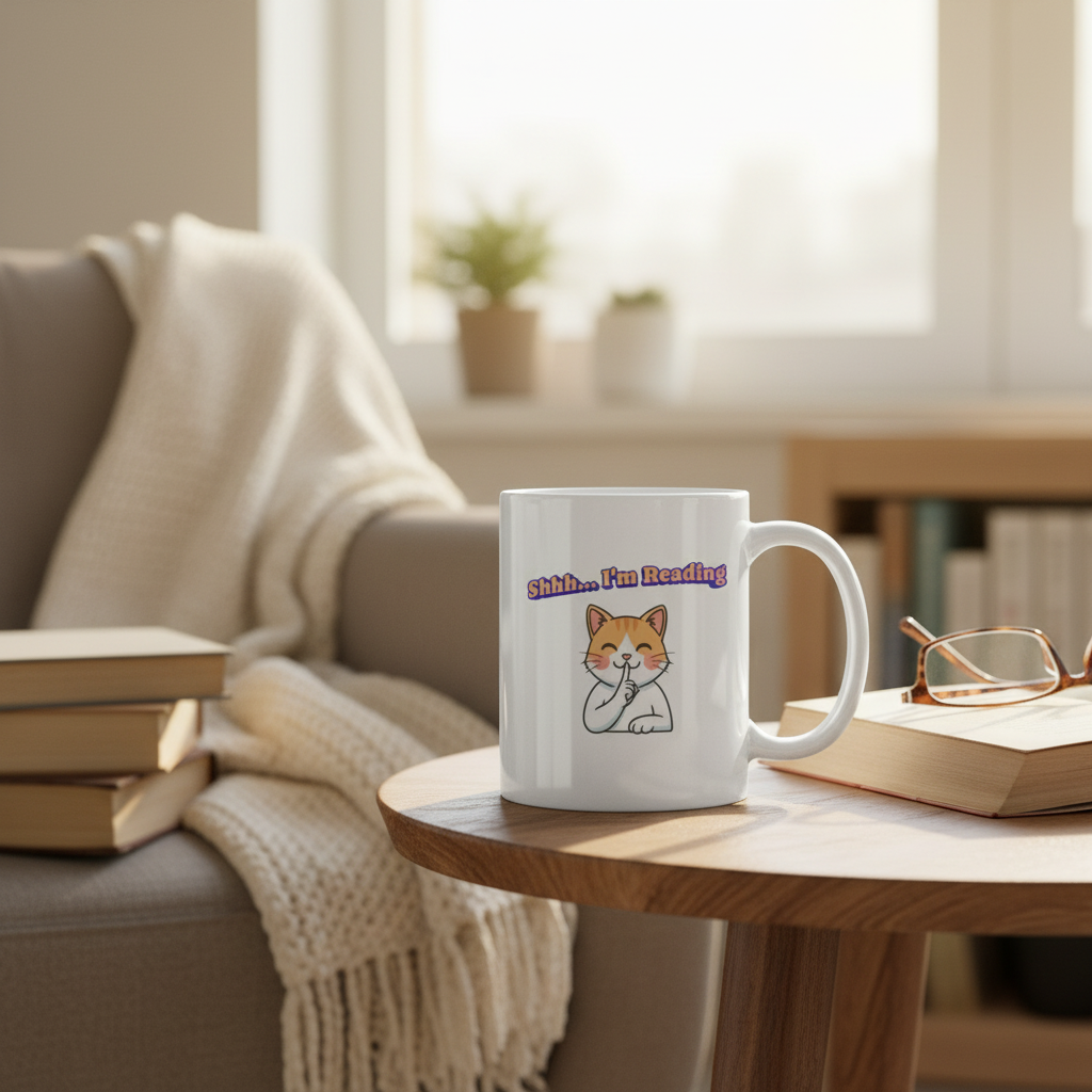 Shhh I'm Reading Cat Mug | Ceramic Coffee Cup 11oz