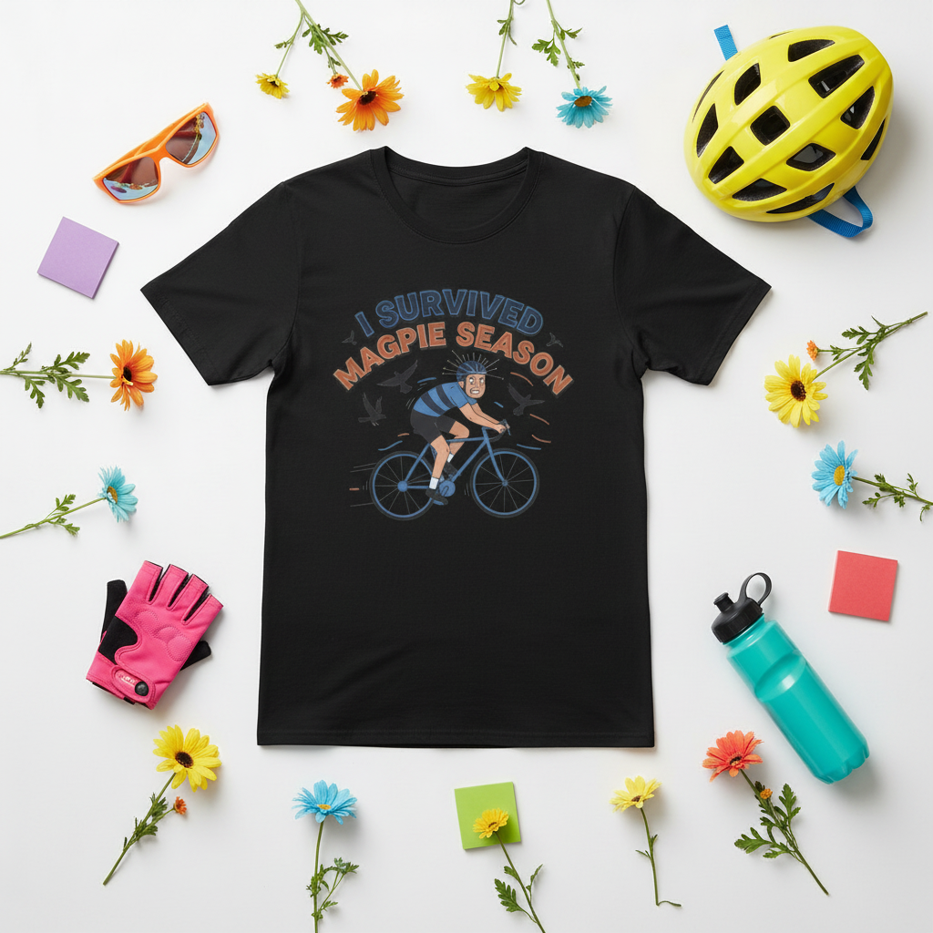 I Survived Magpie Season Cyclist Tee | Funny Aussie Bird Gift T-Shirt for Bike Riders