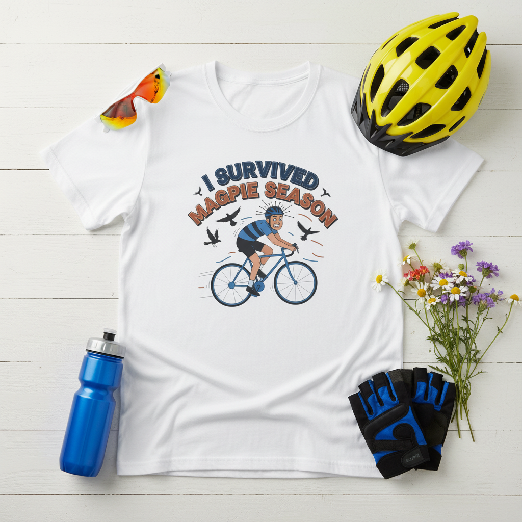 I Survived Magpie Season Cyclist Tee | Funny Aussie Bird Gift T-Shirt for Bike Riders
