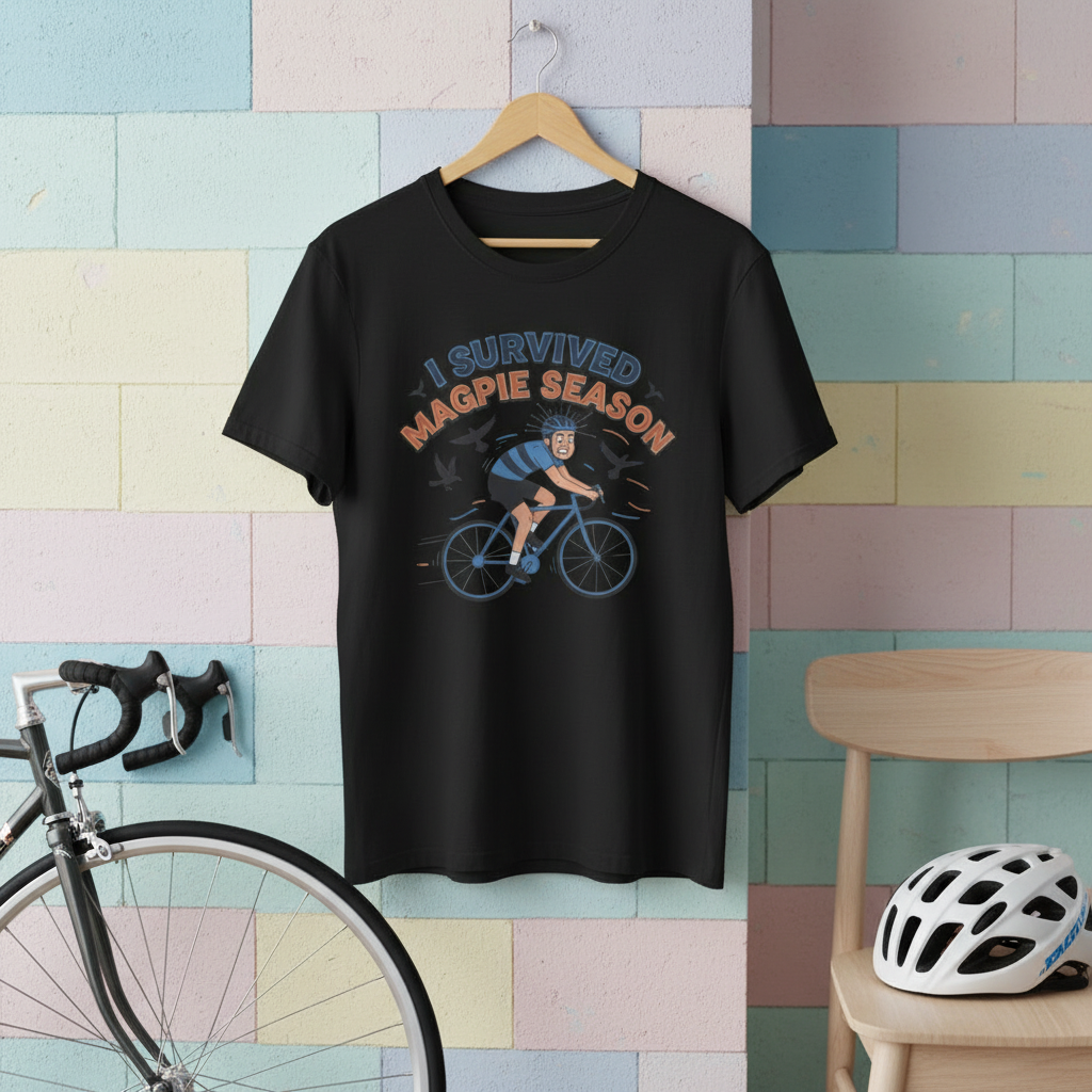 I Survived Magpie Season Cyclist Tee | Funny Aussie Bird Gift T-Shirt for Bike Riders