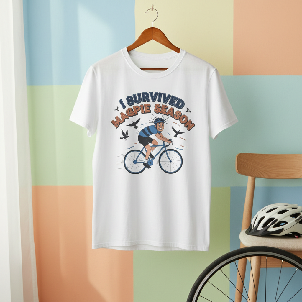 I Survived Magpie Season Cyclist Tee | Funny Aussie Bird Gift T-Shirt for Bike Riders