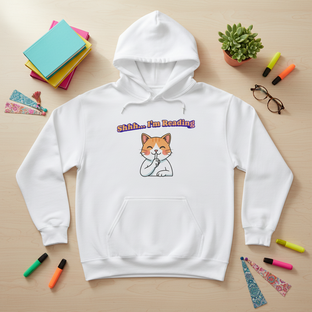 Reading Cat Hoodie — "Shhh... I'm Reading" Cute Cat Graphic Pullover